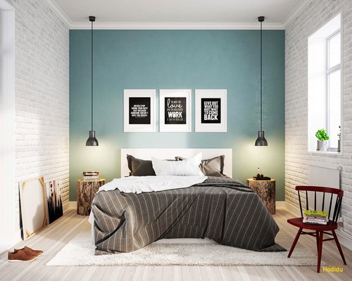 Căn phòng được bài trí đơn giản hết mức khi không có nhiều đồ nội thất nhưng vẫn nổi bật bởi màu sơn tường