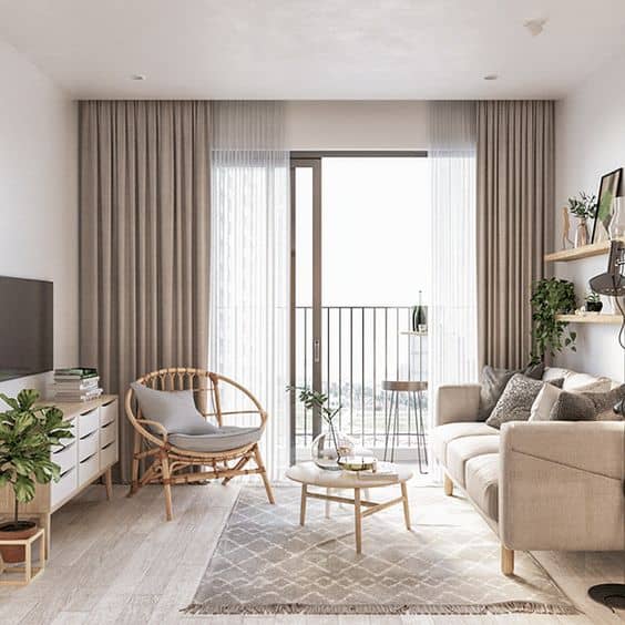 Phòng khách của căn chung cư với phong cách tối giản